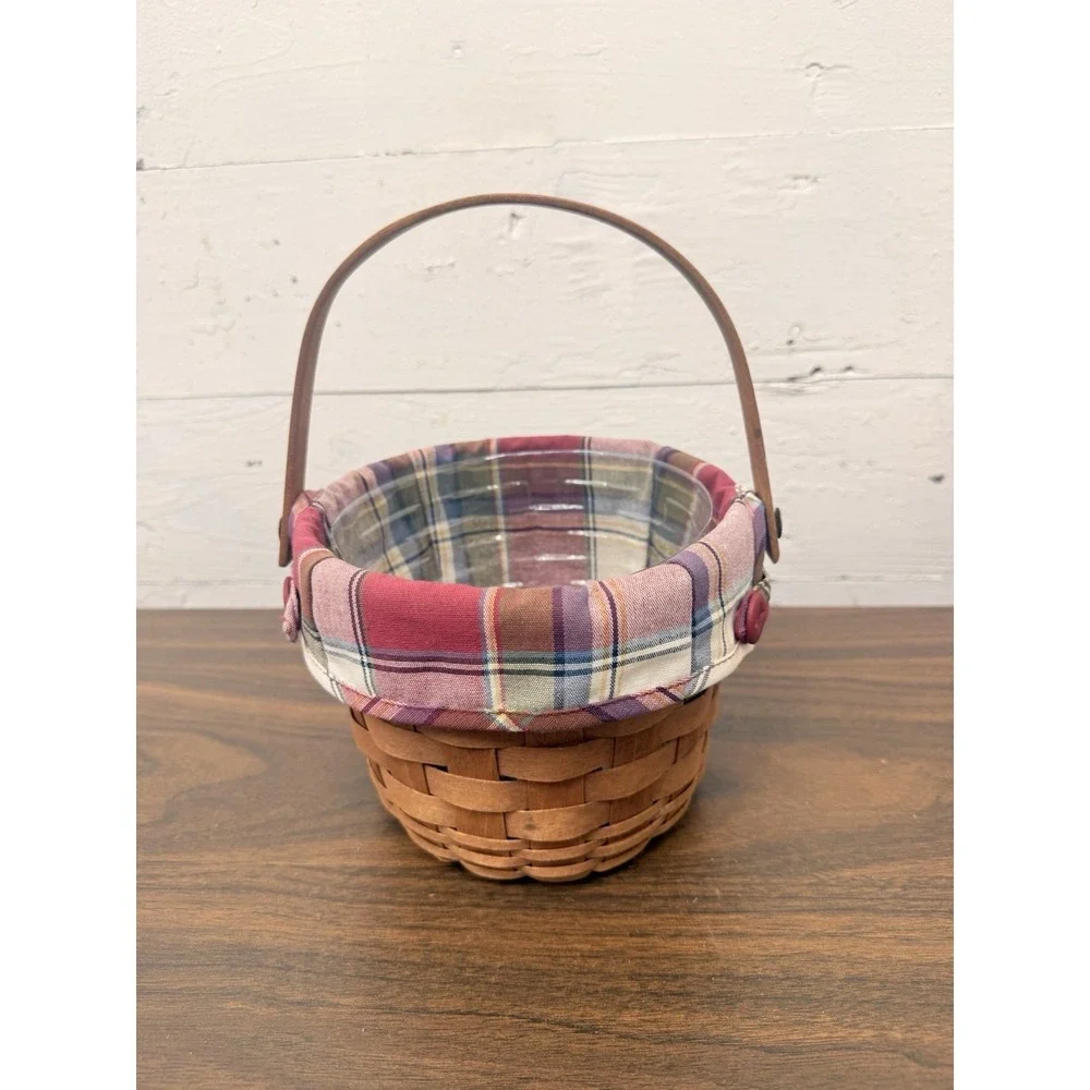 Longaberger Swing‎ Handle Small Fruit Basket Plaid Button Liner Vintage 1989 5